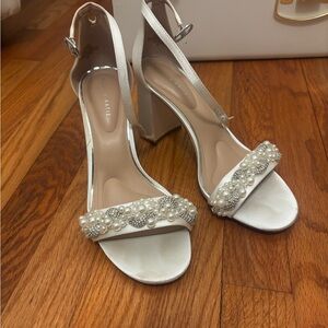 Jewel Badgley Mischka White Heels with Pearl Accents